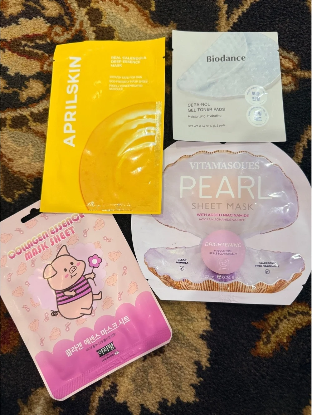 Set of 4 Korean Face Masks - Pearl Sheet Mask, Cera-Nol Gel Toner Pads, Real Cal